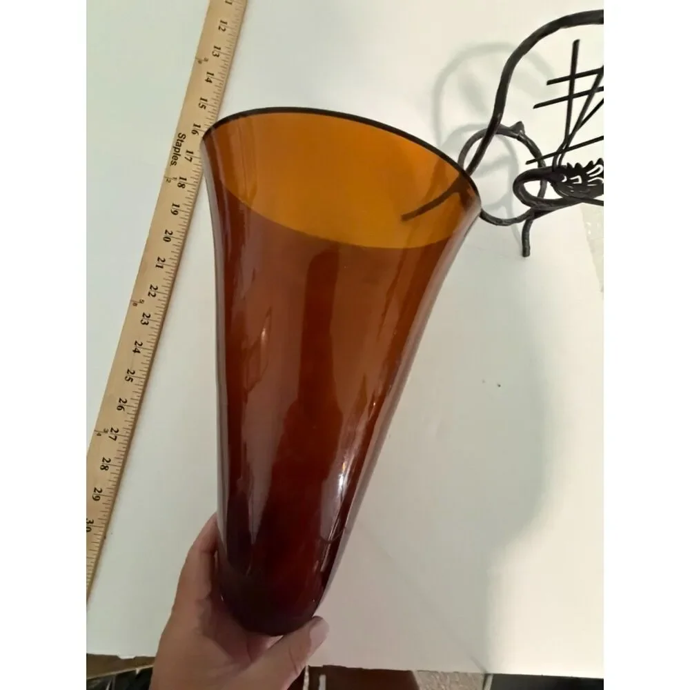 vtg amber glass amphora vase in oranate metal stand